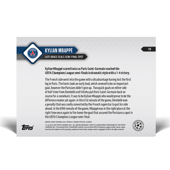 Kylian Mbappé - Late Brace seals semi-final spot - 23/24 UCL TOPPS NOW® Card 118